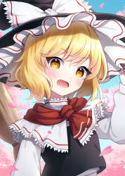 Rule 34 | 1girl, black hat, black vest, blonde hair, blush, bow, cherry blossoms, dress, hair between eyes, hat, hat bow, kirisame marisa, long sleeves, open mouth, perfect cherry blossom, petals, short hair, solo, suzuno naru, touhou, upper body, vest, white bow, white dress, witch hat, yellow eyes