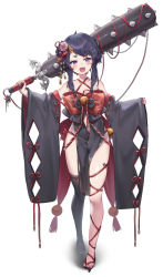 Rule 34 | 1girl, :d, bare legs, bare shoulders, black hair, black thighhighs, blush, club, club (weapon), commentary request, criss-cross halter, detached sleeves, fang, flower, full body, geta, hair flower, hair ornament, hajin, halterneck, holding, holding weapon, kanabou, leg ribbon, long hair, long sleeves, looking at viewer, open mouth, original, purple eyes, red ribbon, ribbon, sidelocks, simple background, single thighhigh, smile, solo, standing, swept bangs, thick eyebrows, thighhighs, thighs, weapon, white background, wide sleeves