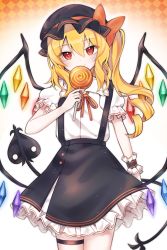 Rule 34 | 1girl, alternate costume, blonde hair, bow, candy, flandre scarlet, food, frills, hat, hat bow, highres, laevatein, lollipop, mob cap, puffy short sleeves, puffy sleeves, red eyes, short sleeves, side ponytail, smile, solo, soooooook2, thighs, touhou, wings, wrist cuffs