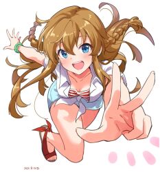 Rule 34 | 1girl, blue eyes, blue shorts, blush, braid, breasts, brown hair, cleavage, collarbone, damokan66, dated, dot nose, floating hair, full body, green bracelet, hair tie, hands up, highres, idolmaster, idolmaster million live!, idolmaster million live! theater days, jacket, kousaka umi, leaning forward, long hair, looking at viewer, medium breasts, open hand, open mouth, reaching, reaching towards viewer, red footwear, red shirt, sandals, shirt, short sleeves, shorts, simple background, smile, solo, striped clothes, striped shirt, teeth, tied jacket, toes, twin braids, upper teeth only, w, white background, white jacket