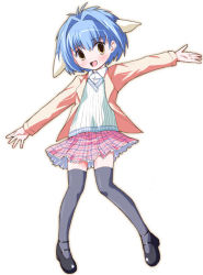 Rule 34 | 00s, 1girl, black thighhighs, blue hair, broccoli (company), checkered clothes, checkered skirt, galaxy angel, galaxy angel rune, mint blancmanche, open mouth, outstretched arms, shinshin, short hair, skirt, solo, spread arms, thighhighs, white background, yellow eyes, zettai ryouiki