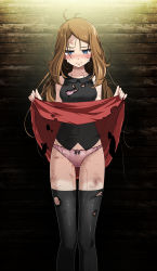 Rule 34 | 1girl, against wall, black shirt, black thighhighs, blue eyes, blush, bow, bow panties, breasts, brown hair, censored, closed mouth, clothes lift, collarbone, covered navel, creatures (company), crotch seam, crying, crying with eyes open, game freak, highres, lifting own clothes, long hair, looking away, medium breasts, messy hair, miniskirt, mosaic censoring, nintendo, panties, parted bangs, pink panties, pokemon, pokemon xy, red skirt, serena (pokemon), shiny clothes, shiny legwear, shirt, skirt, skirt lift, sleeveless, sleeveless shirt, solo, standing, straight hair, sweatdrop, tears, thigh gap, thighhighs, torn clothes, torn shirt, torn skirt, torn thighhighs, tsukishiro saika, underwear, very long hair, wooden wall