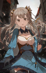 Rule 34 | 1girl, absurdres, artist name, black gloves, black thighhighs, blue shirt, breasts, brown eyes, brown hair, building, chinese commentary, cleavage, commentary request, cowboy shot, gloves, grey sky, hair ornament, highres, holding, holding wand, long hair, long sleeves, medium breasts, muyu713, original, outdoors, overcast, parted lips, shirt, sky, solo, thighhighs, twintails, wand