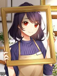 Rule 34 | 1girl, apron, black hair, copyright name, indoors, kerberos blade, looking at viewer, maruyama hari, medium hair, name tag, picture frame, plant, potted plant, red eyes, smile, solo, upper body
