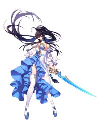 Rule 34 | 1girl, bare shoulders, black hair, blue eyes, boots, breasts, cleavage, commentary, dress, earrings, full body, gold trim, highres, holding, holding weapon, jewelry, large breasts, lips, long hair, looking at viewer, mmlyno, original, platform footwear, side slit, simple background, solo, standing, sword, thigh boots, thighhighs, very long hair, weapon, white background, white dress, white footwear, wide sleeves