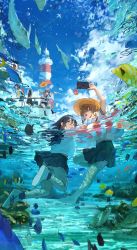 Rule 34 | 5girls, aircraft, airplane, animal, aqua theme, arms up, black hair, blue sky, blunt bangs, boat, bracelet, brown hair, bubble, cellphone, closed eyes, closed mouth, cloud, day, fish, green eyes, hat, highres, holding, holding phone, idoukunn, innertube, jewelry, lighthouse, long hair, medium hair, multiple girls, open mouth, original, outdoors, panties, partially submerged, phone, ponytail, rock, sand, school uniform, selfie, shoes, skirt, sky, smile, sneakers, socks, straw hat, swim ring, swimming, teeth, turtle, underwear, uniform, upper teeth only, water, watercraft, waving, white footwear, white legwear, white panties, yellow eyes