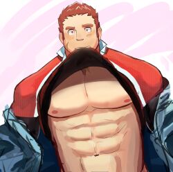Rule 34 | 1boy, abs, absurdres, bara, bare pectorals, blush, brown hair, clothes in mouth, facial hair, facial scar, goatee, highres, huge pectorals, konpei daidai, looking at viewer, male focus, mouth hold, muscular, muscular male, nipples, pectorals, rugby uniform, sanpaku, scar, scar on cheek, scar on face, shirt in mouth, short hair, shy, solo, spiked hair, sportswear, strongman waist, stubble, tamamura gunzo, thick eyebrows, tokyo houkago summoners, upper body