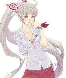 Rule 34 | 1girl, bad id, bad pixiv id, blunt bangs, breasts, cigarette pack, cleavage, female focus, fujiwara no mokou, hand on own face, highres, light smile, long hair, ponytail, poruhi, red eyes, shirt, silver hair, sleeves rolled up, solo, touhou, very long hair, white background, white shirt