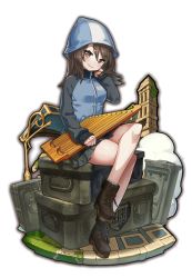 Rule 34 | 10s, 1girl, ammunition box, ankle boots, blue footwear, blue hat, blue jacket, blue skirt, boots, brown eyes, brown hair, closed mouth, collaboration, commentary request, cross-laced footwear, crossed legs, emblem, faux figurine, full body, girls und panzer, grey socks, hand in own hair, hat, head tilt, holding, holding instrument, instrument, jacket, kantele, keizoku (emblem), keizoku military uniform, lace-up boots, last period, long hair, long sleeves, looking at viewer, mika (girls und panzer), military, military uniform, miniskirt, official art, pleated skirt, raglan sleeves, sitting, skirt, smile, socks, solo, track jacket, transparent background, uniform