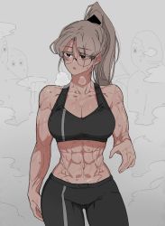 Rule 34 | 1girl, abs, breasts, brown hair, cleavage, glasses, highres, large breasts, looking to the side, muscular, muscular female, oddsnail, open mouth, ponytail, scar, solo, sports bra, staring, sweat, toned