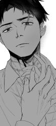 Rule 34 | 1boy, bruise, bruise on neck, closed mouth, collared shirt, eyebrow cut, frown, gegege no kitarou, greyscale, hand up, head tilt, highres, holding hands, injury, kitarou tanjou: gegege no nazo, long sleeves, looking at viewer, male focus, mizuki (gegege no kitarou), monochrome, notched ear, out of frame, pov, pov hands, qam1 e, rope marks, scar, scar across eye, shirt, simple background, solo focus