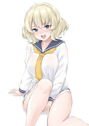 Rule 34 | 1girl, blonde hair, blue eyes, blue sailor collar, blush, braid, collarbone, colorado (kancolle), cosplay, dress, feet out of frame, hair between eyes, highres, kantai collection, long sleeves, neckerchief, open mouth, sailor collar, sailor dress, short hair, side braid, simple background, solo, takomeshi, teeth, upper teeth only, white background, white dress, yellow neckerchief, yukikaze (kancolle), yukikaze (kancolle) (cosplay)