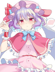 Rule 34 | 1girl, :&lt;, arm up, bat wings, beni kurage, blue bow, blush, bow, bowtie, capelet, closed mouth, commentary request, dress, eyelashes, eyes visible through hair, fingernails, flat chest, frilled cuffs, frills, hair between eyes, hat, hat bow, highres, looking at viewer, mob cap, pink dress, pink hat, purple hair, red bow, red capelet, red eyes, remilia scarlet, short hair, simple background, solo, spoken blush, touhou, upper body, white background, wings