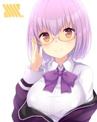 Rule 34 | 10s, 1girl, adjusting eyewear, adjusting glasses, blush, bow, breasts, closed mouth, collared shirt, commentary request, gridman universe, hair between eyes, hand up, jacket, large breasts, long sleeves, looking over eyewear, looking over glasses, maccha, off shoulder, pink-framed eyewear, pink hair, purple bow, purple jacket, red eyes, semi-rimless eyewear, shinjou akane, shirt, simple background, smile, solo, ssss.gridman, sunglasses, tinted eyewear, under-rim eyewear, upper body, white background, white shirt, yellow-tinted eyewear, yellow-tinted glasses