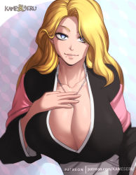 Rule 34 | 1girl, artist name, bleach, blonde hair, blue eyes, breasts, cleavage, hand on own chest, haori, huge breasts, japanese clothes, jewelry, kameseru, long hair, matsumoto rangiku, mature female, mole, mole under mouth, necklace, pink lips, simple background, solo, taichou haori, wide sleeves