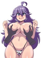 Rule 34 | 1boy, 1girl, absurdres, animal print, antenna hair, bare legs, bare shoulders, bikini, blush, breasts, breasts squeezed together, cameltoe, cleavage, cow print, creatures (company), curvy, game freak, grabbing, grabbing another&#039;s breast, hetero, hex maniac (pokemon), highres, huge breasts, long hair, looking at another, looking at viewer, lucyfer, nintendo, nipples, panties only, pokemon, pokemon xy, puffy nipples, purple eyes, purple hair, saliva, saliva trail, shiny skin, simple background, smile, swimsuit, thong, thong bikini, topless, upper body, very long hair, wavy eyes, wavy mouth, white background