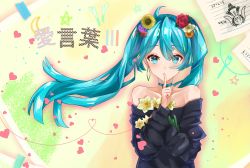 Rule 34 | 1girl, absurdres, bad id, bad pixiv id, black sweater, blue eyes, blue hair, blue ribbon, choker, earrings, finger to mouth, floating hair, flower, hair between eyes, hair flower, hair ornament, hatsune miku, heart, highres, index finger raised, jewelry, long hair, looking at viewer, off-shoulder, off-shoulder sweater, off shoulder, orange flower, purple flower, red flower, red rose, ribbon, ribbon choker, rose, sinobi illust, solo, standing, sweater, twintails, upper body, very long hair, vocaloid, yellow flower