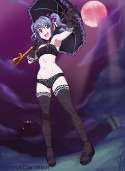 Rule 34 | 1girl, absurdres, armpits, bow, breasts, chuunioniika, commentary, detached collar, drill hair, elbow gloves, english commentary, frilled thighhighs, frills, full body, full moon, gloves, gothic lolita, grey thighhighs, groin, hair bow, hairband, highres, huge filesize, idolmaster, idolmaster cinderella girls, kanzaki ranko, lace, lace-trimmed panties, lace trim, lipstick, lolita fashion, lolita hairband, makeup, medium breasts, medium hair, moon, nail polish, navel, night, open mouth, panties, pigeon-toed, print thighhighs, purple lips, red eyes, sandals, see-through, see-through legwear, short eyebrows, silver hair, solo, standing, strapless, thighhighs, toenail polish, toenails, tube top, twin drills, umbrella, underwear, waving