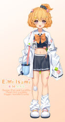 Rule 34 | 1girl, :3, :d, animal ears, artist name, asymmetrical footwear, baggy socks, bandaid, bandaid on leg, blush, bottle, bow, bowtie, character name, eimi isami, hamster ears, hamster girl, high ponytail, highres, id card, lab coat, lucidsky, mismatched footwear, navel, off shoulder, official art, open mouth, orange bow, orange bowtie, orange hair, phase connect, pink eyes, safety pin, school uniform, short hair, sleeves past fingers, sleeves past wrists, smile, straight-on, teeth, upper teeth only, virtual youtuber, water bottle, white footwear