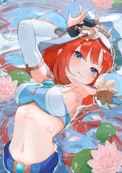 Rule 34 | 1girl, arms up, blue eyes, blue gemstone, blue nails, blue sleeves, breasts, circlet, closed mouth, commentary request, detached sleeves, fake horns, flower, gem, genshin impact, harem outfit, highres, horns, light smile, lily pad, long hair, looking at viewer, lotus, medium breasts, midriff, navel, nilou (genshin impact), partially submerged, red hair, sideboob, solo, uohara shinji, upper body, very long hair, water, white veil