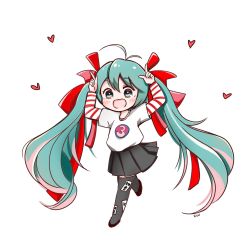 Rule 34 | 1girl, aqua eyes, aqua hair, black skirt, black thighhighs, borrowed design, chibi, chinese zodiac, commentary, horns pose, full body, hair ribbon, hatsune miku, heart, highres, index finger raised, long hair, looking at viewer, miniskirt, number print, ofuda, ofuda on clothes, open mouth, pleated skirt, red ribbon, ribbon, shirt, skirt, smile, solo, thighhighs, twintails, very long hair, vocaloid, white shirt, year of the ox, zuu100lev