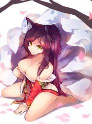 Rule 34 | ahri (league of legends), animal ears, bare legs, bare shoulders, barefoot, black hair, breasts, chiroru (cheese-roll), cleavage, facial mark, fang, feet, fox ears, fox girl, fox tail, full body, highres, korean clothes, large breasts, league of legends, long hair, long sleeves, looking at viewer, off shoulder, ponytail, seiza, sitting, smile, tail, very long hair, whisker markings, yellow eyes