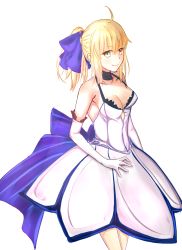 Rule 34 | 1girl, ahoge, armpits, artoria pendragon (all), artoria pendragon (fate), bad id, bad pixiv id, blonde hair, blue ribbon, bow, breasts, choker, cleavage, dress, elbow gloves, fate/stay night, fate/unlimited codes, fate (series), gloves, green eyes, hair bow, highres, hynnchan, medium breasts, official alternate costume, official alternate hairstyle, ribbon, saber (fate), saber (pure night dress) (fate), saber lily, sideboob, smile, solo, white background