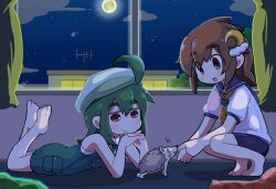 Rule 34 | 1boy, 1girl, :3, ahoge, barefoot, bike shorts, blue neckerchief, blue shorts, blush, brother and sister, brown hair, closed mouth, commentary, crescent, crescent hair ornament, dokuta, dokuta (dokuta), feet up, full body, full moon, green hair, hair ornament, hedgehog, indoors, karute (dokuta), long hair, lying, moon, neckerchief, night, night sky, on stomach, open mouth, original, overall shorts, overalls, puffy short sleeves, puffy sleeves, red eyes, sailor collar, sailor shirt, shirt, short shorts, short sleeves, shorts, siblings, sky, soles, squatting, star (sky), starry sky, toes, white shirt, yellow neckerchief