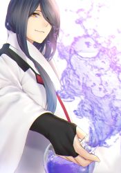 Rule 34 | 1boy, black gloves, black hair, fate/grand order, fate/prototype, fate/prototype: fragments of blue and silver, fate (series), fingerless gloves, flask, gloves, hair over one eye, highres, holding, lab coat, light, long hair, long sleeves, looking at viewer, male focus, paracelsus (fate), science, smile, solo, splashing, upper body, water, water drop, white background, yellow eyes, yuurei447