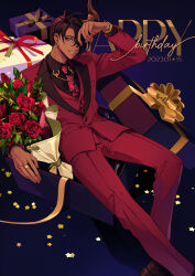 Rule 34 | 1boy, aragami oga, black necktie, blue background, bouquet, box, bright pupils, brown footwear, brown hair, brown shirt, brown socks, collar chain (jewelry), collared shirt, dark-skinned male, dark skin, dated, earrings, eleven (erebun), feet out of frame, fingernails, flower, formal, gift, gift box, green eyes, hair over one eye, hand up, happy birthday, highres, holostars, horns, in box, in container, jacket, jewelry, lapels, looking at viewer, male focus, necktie, notched lapels, pants, parted lips, reclining, red flower, red jacket, red necktie, red pants, red rose, red suit, red vest, ribbon, ring, rose, shirt, shoes, short hair, single horn, smile, socks, solo, star (symbol), suit, vest, virtual youtuber, watch, white pupils, wristwatch, yellow ribbon