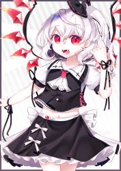 Rule 34 | 1girl, absurdres, adapted costume, albino, ascot, black bow, black skirt, bow, brooch, clip studio paint (medium), collar, collared shirt, colored skin, commentary, fangs, flandre scarlet, frills, gunjou row, hair between eyes, hair bow, hand up, highres, jewelry, looking at viewer, navel, open mouth, puffy short sleeves, puffy sleeves, red brooch, red eyes, ribbon, shirt, short sleeves, side ponytail, skirt, sleeve ribbon, slit pupils, solo, touhou, white hair, white skin, wings, wrist ribbon