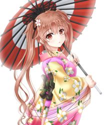 Rule 34 | 1girl, alternate costume, amou yuu, brown eyes, floral print, flower, graphite (medium), hair flower, hair ornament, hair ribbon, happy new year, highres, japanese clothes, kantai collection, kimono, light brown hair, long hair, long sleeves, mechanical pencil, murasame (kancolle), nengajou, new year, obi, oil-paper umbrella, pencil, ribbon, sash, solo, traditional media, twintails, umbrella, white background, wide sleeves