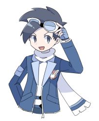 Rule 34 | 1boy, :d, adjusting goggles, black hair, commentary request, creatures (company), ethan (pokemon), ethan (sygna suit) (pokemon), fingerless gloves, game freak, gloves, goggles, grey eyes, hand up, highres, jacket, k imchae, korean commentary, male focus, nintendo, official alternate costume, open clothes, open jacket, open mouth, pokemon, pokemon masters ex, scarf, shirt, short hair, smile, solo, upper body, white-framed eyewear, white scarf, white shirt