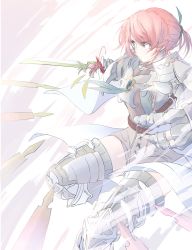 Rule 34 | 1girl, armor, armored boots, aspara, boots, closed mouth, fantasy, gauntlets, greaves, green eyes, highres, holding, holding sword, holding weapon, multiple swords, original, pauldrons, pink hair, serious, shoulder armor, sidelocks, solo, sword, thighhighs, weapon, white thighhighs