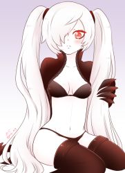 Rule 34 | 10s, 1girl, abyssal ship, bad id, bad twitter id, bikini, black bikini, black thighhighs, blush, claws, colored skin, commentary request, cropped jacket, gradient background, jacket, kantai collection, long hair, migu (migmig), pale skin, red eyes, solo, southern ocean oni, swimsuit, thighhighs, twintails, very long hair, white hair, white skin