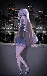 Rule 34 | 1girl, absurdres, arm support, bare legs, bottle, brown jacket, city, cityscape, closed mouth, commentary request, danbal, denim, denim shorts, expressionless, flip-flops, full body, grey shirt, grey socks, highres, jacket, korean commentary, long hair, long sleeves, looking at viewer, night, original, outdoors, purple eyes, sandals, shirt, shorts, silver hair, sitting, socks, solo, water bottle
