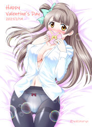 Rule 34 | 1girl, aqua bow, artist name, artist request, bed, black pantyhose, blush, bow, box, breasts, brown eyes, brown hair, candy, chocolate, chocolate heart, cleavage, collarbone, collared shirt, embarrassed, female focus, floating hair, food, gift, gift box, grey hair, hair bow, hair rings, happy valentine, heart, highres, holding, holding gift, light brown hair, long hair, long sleeves, looking at viewer, love live!, love live! school idol project, medium breasts, minami kotori, nail, nail polish, on bed, panties, pantyhose, parted lips, ponytail, shirt, side ponytail, smile, solo, sparkle, unbuttoned, unbuttoned shirt, underwear, valentine, white panties, white shirt, worried, yellow eyes