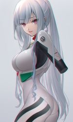 Rule 34 | 1girl, ak-12 (girls&#039; frontline), ass, ayanami rei, ayanami rei (cosplay), bodysuit, breasts, commentary request, cosplay, from side, girls&#039; frontline, grey background, head tilt, high ponytail, large breasts, long hair, looking at viewer, neon genesis evangelion, no hands, parted lips, pink eyes, plugsuit, ponytail, smile, solo, urano ura, white bodysuit, white hair