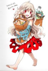Rule 34 | 1girl, bare shoulders, barefoot, blue sleeves, blush, character doll, dated, detached sleeves, dress, eternity larva, fang, full body, heart, heart-shaped pupils, holding, long hair, matara okina, multicolored clothes, multicolored dress, open mouth, orange dress, proton, red dress, red eyes, sakata nemuno, single-shoulder dress, skin fang, smile, solo, symbol-shaped pupils, touhou, twitter username, white background, white hair, yellow dress