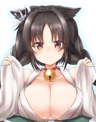 Rule 34 | 1girl, :3, anchor hair ornament, animal ears, azur lane, bell, braid, breasts, brown hair, cat ears, cleavage, collar, detached sleeves, hair ornament, japanese clothes, kousi sirazawa, large breasts, long hair, long sleeves, looking at viewer, neck bell, ooshio (azur lane), open clothes, open shirt, oppai loli, red eyes, solo, twin braids, wide sleeves