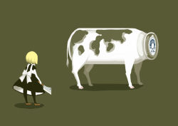 Rule 34 | 1girl, black pantyhose, blonde hair, bottle, bottle cap, bow, cleaver, cow, dress, from behind, green background, hooves, mary janes, milk bottle, no lineart, nona drops, original, pantyhose, shoes, simple background, solo, surreal, tail, translation request, white bow