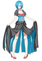 Rule 34 | 1girl, alternate color, artist request, black bow, black dress, blue hair, blush, bow, breasts, cleavage, clothes lift, collarbone, corset, creatures (company), dress, dress lift, earrings, female focus, full body, game freak, gardevoir, gen 3 pokemon, hair over one eye, hands up, heart, heart earrings, high heels, highres, jewelry, jpeg artifacts, legs apart, lifting own clothes, medium breasts, nintendo, personification, pigeon-toed, pointy ears, pokemon, red eyes, red footwear, shiny pokemon, shoes, short hair, short sleeves, simple background, smile, solo, standing, white background