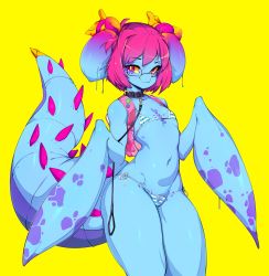 Rule 34 | 1girl, absurdres, backpack, bag, bikini, blue skin, colored sclera, colored skin, cteno (slugbox), flat chest, head arms, highres, looking at viewer, micro bikini, monster girl, navel, original, pink hair, red eyes, semi-rimless eyewear, short hair, simple background, slugbox, smile, solo, spiked tail, striped bikini, striped clothes, swimsuit, tail, under-rim eyewear, yellow background, yellow sclera