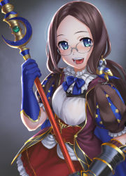 Rule 34 | 1girl, animal, animal on shoulder, bird, bird on shoulder, blue bow, blue bowtie, blue eyes, blue gloves, blush, bow, bowtie, brown hair, dress, fate/grand order, fate (series), forehead, frilled dress, frills, gauntlets, glasses, gloves, grey background, highres, holding, holding staff, leonardo da vinci (fate), leonardo da vinci (fate/grand order), leonardo da vinci (rider) (fate), long hair, mu-pyon, open mouth, parted bangs, puff and slash sleeves, puffy sleeves, short sleeves, simple background, single gauntlet, single glove, solo, staff