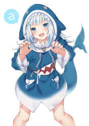 Rule 34 | 1girl, a (phrase), animal hood, blue eyes, blue hair, blue nails, blunt bangs, blush, claw pose, fingernails, fins, fish tail, flat chest, gawr gura, gawr gura (1st costume), highres, hololive, hololive english, hood, multicolored hair, mupe, nail polish, open hands, open mouth, shark hood, shark tail, sharp fingernails, silver hair, solo, speech bubble, streaked hair, tail, v-shaped eyebrows, virtual youtuber