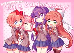 Rule 34 | 4girls, :&gt;, :d, ;d, anniversary, black legwear, blue skirt, blush stickers, book, bow, brown hair, chibi, commentary, copyright name, dated, doki doki literature club, english text, eyes visible through hair, fang, grey jacket, grin, hair between eyes, hair bow, hair ornament, hair ribbon, hairclip, holding, holding book, jacket, long hair, looking at viewer, monika (doki doki literature club), multiple girls, nan (gokurou), natsuki (doki doki literature club), one eye closed, open mouth, pink hair, pleated skirt, ponytail, purple hair, red bow, red ribbon, ribbon, sayori (doki doki literature club), school uniform, short hair, skirt, smile, thighhighs, twitter username, two side up, v, very long hair, white ribbon, yuri (doki doki literature club)