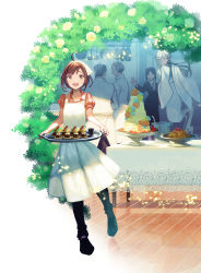 Rule 34 | 2girls, 3boys, :d, ahoge, apron, black footwear, black hair, black legwear, brown hair, bush, cake, character request, check copyright, chubou kara wedding, copyright request, dessert, closed eyes, flower, food, ghost, hair over one eye, highres, holding, holding tray, kururi, ladle, looking at viewer, multiple boys, multiple girls, official art, open mouth, outdoors, porch, pot, short sleeves, smile, standing, table, tray, wedding cake, white hair