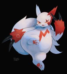 Rule 34 | black background, claws, commentary request, creatures (company), full body, game freak, gen 3 pokemon, kikuyoshi (tracco), looking at viewer, nintendo, no humans, open mouth, pokemon, pokemon (creature), signature, simple background, smile, solo, tongue, white fur, zangoose