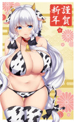 Rule 34 | 1girl, absurdres, ahoge, alternate costume, animal ears, animal print, arashiki mamizu, arm behind back, azur lane, bare shoulders, bell, blue eyes, blush, bow, breasts, cleavage, collar, cow ears, cow girl, cow horns, cow print, curvy, hair bow, hair ribbon, halterneck, highres, horns, illustrious (azur lane), large breasts, long hair, looking at viewer, navel, neck bell, open mouth, ribbon, thighhighs, thighs, translation request, tress ribbon, tri tails, very long hair, white hair