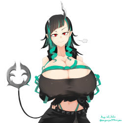 Rule 34 | 1girl, nanashi inc., absurdres, alternate breast size, artist name, belt, black hair, black jacket, black skirt, black sports bra, blue belt, blue hair, blush, breasts, chest belt, cleavage, closed mouth, clothing cutout, commentary request, covered erect nipples, cowboy shot, cropped jacket, cross-laced clothes, cross-laced sleeves, dated, demon girl, demon horns, demon tail, engacyo (engacyo39800yen), grey skirt, highres, horns, huge breasts, jacket, layered skirt, long hair, long sleeves, looking at viewer, midriff, multicolored hair, navel, pointy ears, red eyes, shishio chris, shoulder cutout, simple background, skirt, solo, sports bra, sugar lyric, tail, two-tone hair, virtual youtuber, white background, zipper skirt